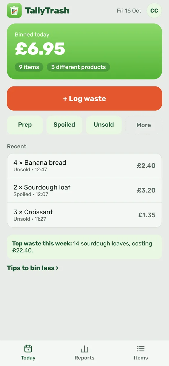 The Today screen with the day's total and quick reason buttons.