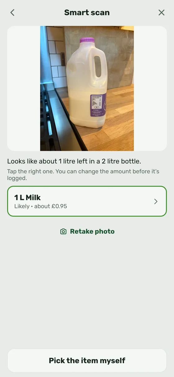 Smart scan suggesting 1 litre of milk from a photo of a half-full 2 litre bottle.